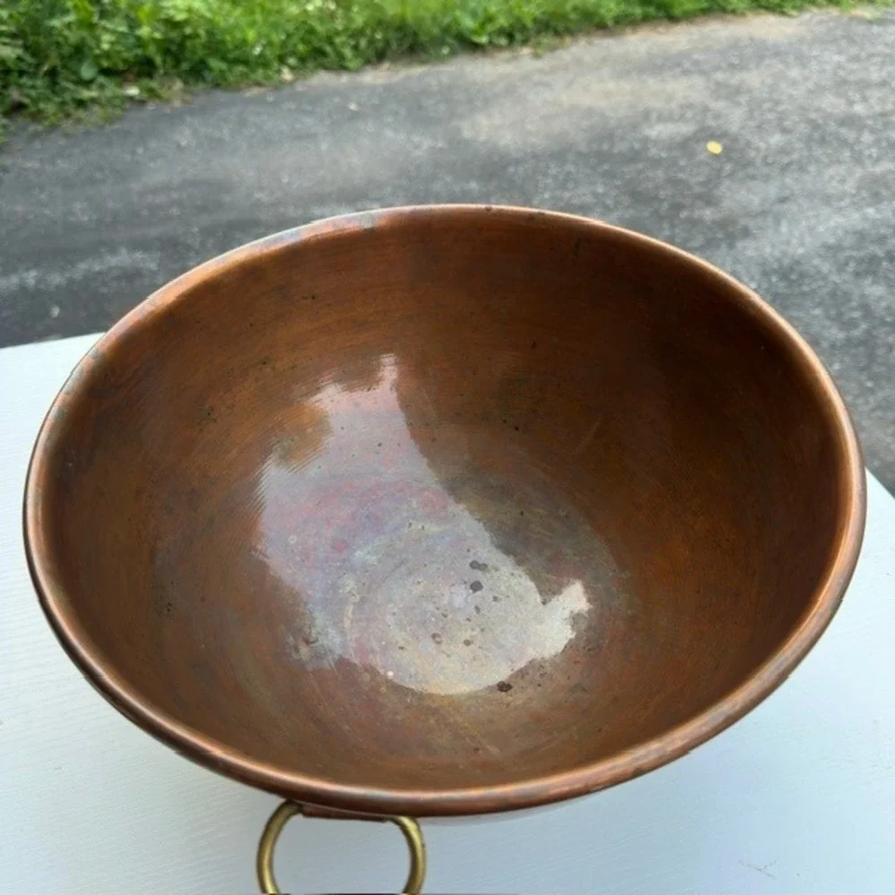 Vintage Copper Mixing Bowl Round Brass Ring Handle Farmhouse Kitchen 11.5